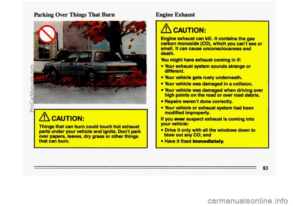 BUICK CENTURY 1993  Owners Manual Parking  Over  Things That Burn  Engine  Exhaust 
a CAUTION: 
Things  that  can burn could touch hot exhaust 
parts  under  your  vehicle  and  ignite.  Don’t  park 
over  papers,  leaves,  dry gras