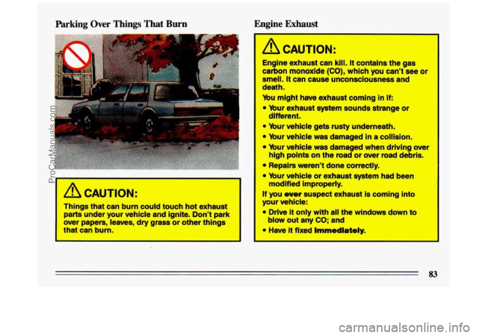 BUICK CENTURY 1993 Manual Online Parking  Over  Things That Burn  Engine  Exhaust 
a CAUTION: 
Things  that  can burn could touch hot exhaust 
parts  under  your  vehicle  and  ignite.  Don’t  park 
over  papers,  leaves,  dry gras