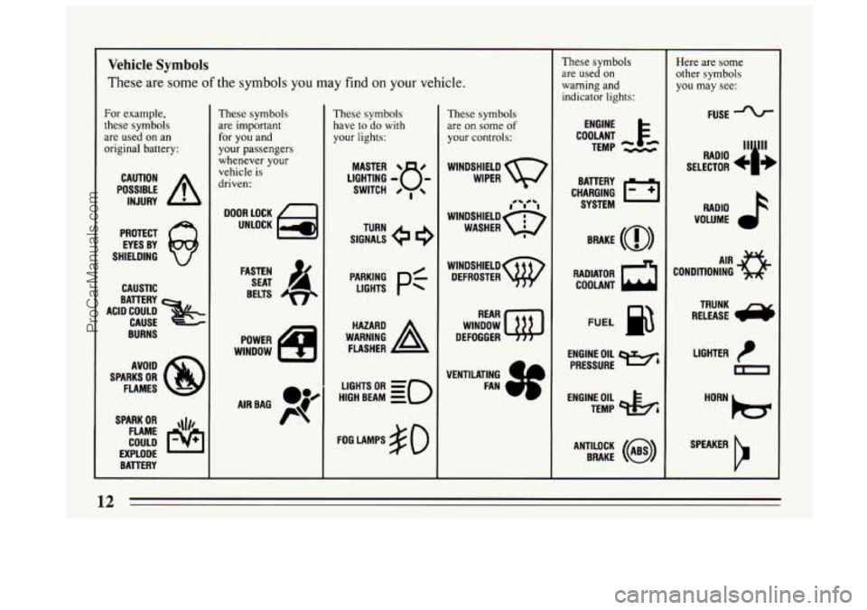 BUICK CENTURY 1994  Owners Manual Vehicle Symbols 
These  are  some of the symbols you may find on your vehicle. 
Fur  example, 
these  symbols 
are  used  on  an 
original  battery: 
POSSIBLE A 
CAUTION 
INJURY 
PROTECT  EYES  BY 
SH