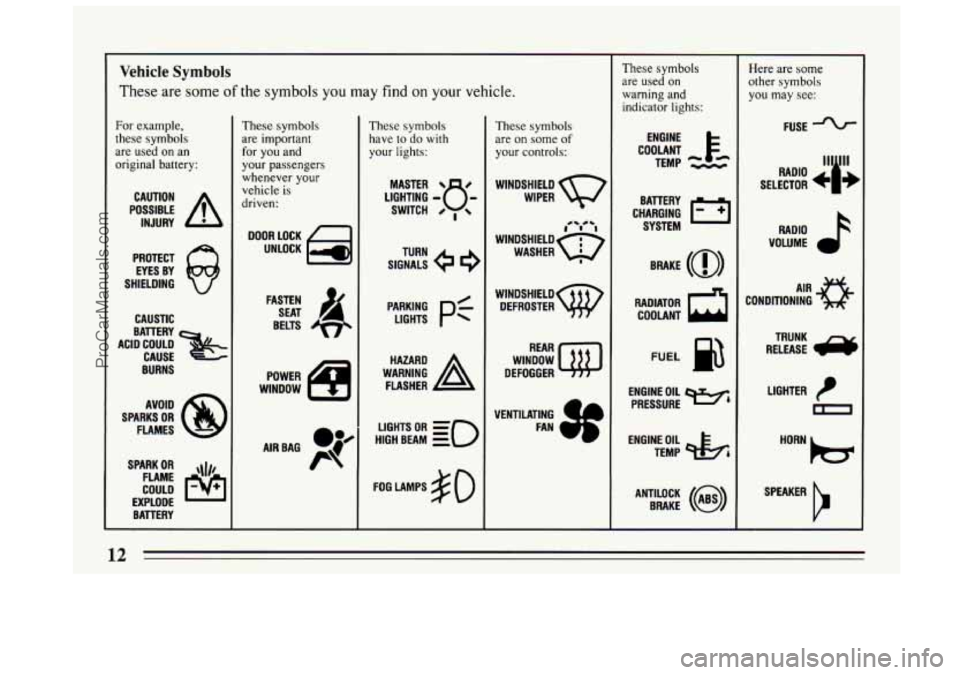 BUICK CENTURY 1994 User Guide Vehicle Symbols 
These  are  some of the symbols you may find on your vehicle. 
Fur  example, 
these  symbols 
are  used  on  an 
original  battery: 
POSSIBLE A 
CAUTION 
INJURY 
PROTECT  EYES  BY 
SH