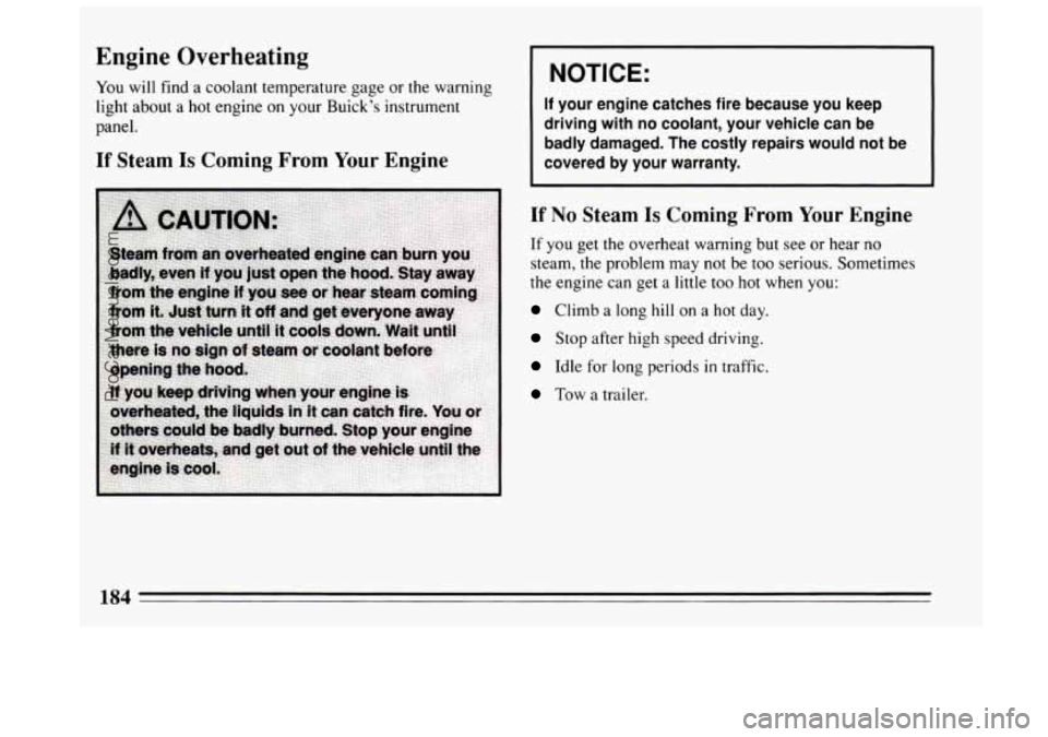 BUICK CENTURY 1994  Owners Manual Engine Overheating 
You will find  a coolant  temperature  gage or the warning 
light  about  a  hot engine  on 
your Buick’s  instrument 
panel. 
If Steam Is Coming  From Your Engine 
I NOTICE: 
If