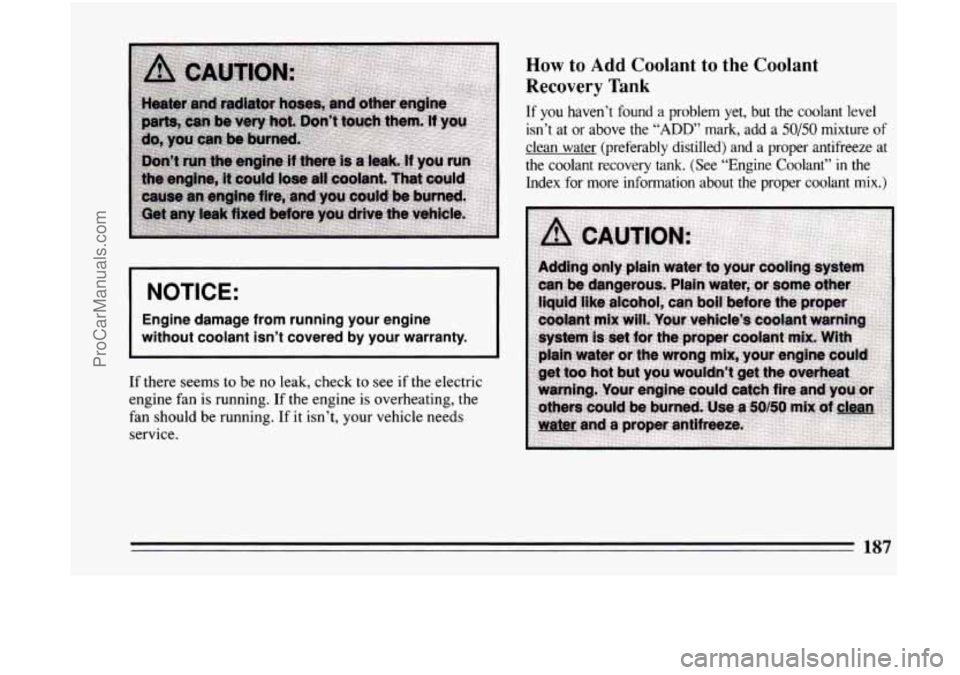 BUICK CENTURY 1994  Owners Manual 1 NOTICE: I 
I 
Engine  damage  from  running  your  engine 
without  coolant  isn’t  covered  by  your  warranty. 
If  there  seems  to  be no leak, check  to see  if the electric 
engine  fan  is 