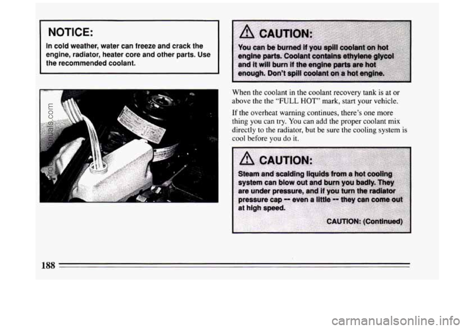 BUICK CENTURY 1994  Owners Manual NOTICE: 
In  cold weather,  water  can  freeze  and  crack  the 
engine,  radiator,  heater  core 
and other  parts.  Use 
the  recommended  coolant. 
When the coolant in the coolant recovery tank is 