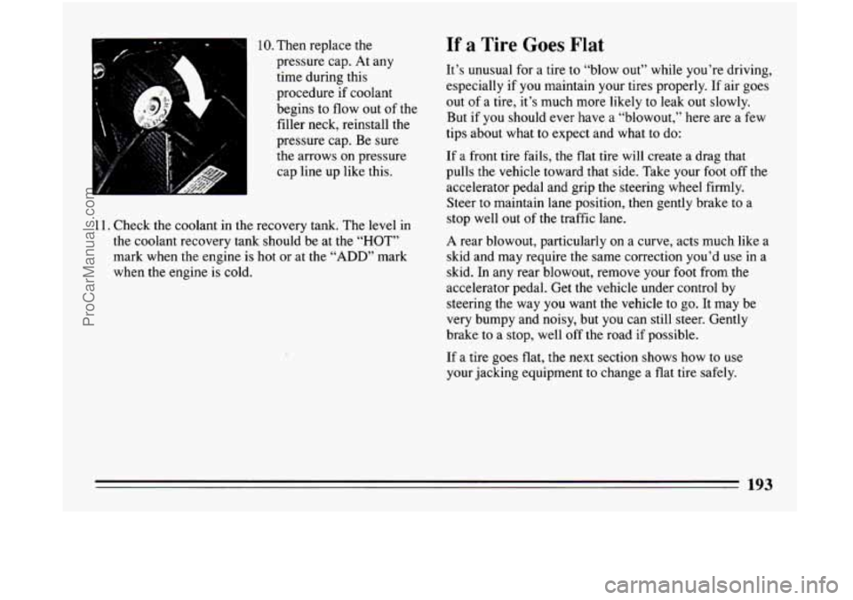 BUICK CENTURY 1994  Owners Manual 10. Then  replace the 
pressure  cap.  At any 
time  during  this 
procedure  if coolant 
begins  to flow 
out of the 
filler  neck,  reinstall the 
pressure  cap. Be sure 
the  arrows  on  pressure  