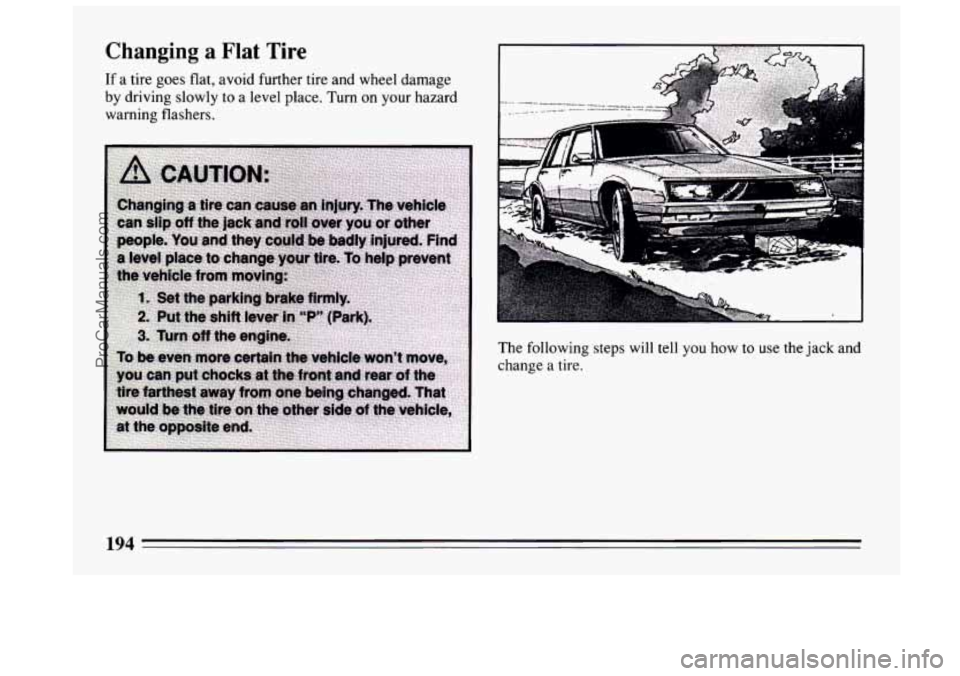 BUICK CENTURY 1994  Owners Manual Changing a Flat  Tire 
If a  tire  goes  flat,  avoid  further  tire and wheel damage 
by  driving  slowly  to  a  level  place. 
Turn on your hazard 
warning  flashers. 
The  following  steps 
will t