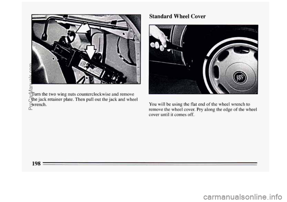 BUICK CENTURY 1994  Owners Manual A 
Turn the two  wing nuts counterclockwise and remove 
the  jack  retainer plate. Then pull out the  jack and  wheel 
wrench. 
Standard  Wheel  Cover 
You will  be using the flat end of the  wheel  w