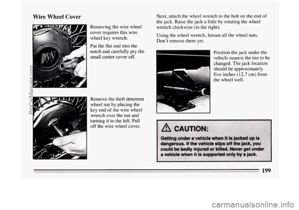 BUICK CENTURY 1994 Owners Manual Wire Wheel Cover
Removing the wire wheel
cover requires this wire
wheel key wrench.
F1 Put the flat end into the
notch and carefully pry the
small center cover
off.
Remove the theft BUICK CENTURY 1994 Owners Manual Wire Wheel Cover
Removing the wire wheel
cover requires this wire
wheel key wrench.
F1 Put the flat end into the
notch and carefully pry the
small center cover
off.
Remove the theft