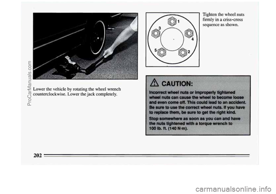 BUICK CENTURY 1994 Owners Manual Lower the vehicle by rotating the wheel wrench
counterclockwise. Lower the jack completely. Tighten the
wheel nuts
firmly in a criss-cross
sequence as shown.
202
ProCarManuals.com BUICK CENTURY 1994 Owners Manual Lower the vehicle by rotating the wheel wrench
counterclockwise. Lower the jack completely. Tighten the
wheel nuts
firmly in a criss-cross
sequence as shown.
202
ProCarManuals.com
