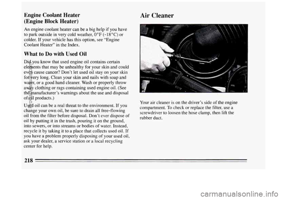 BUICK CENTURY 1994  Owners Manual Engine  Coolant  Heater (Engine 
Block Heater) 
An  engine  coolant heater  can be a big help  if  you have 
to  park  outside  in  very cold weather, 
0°F (- 18 “C) or 
colder.  If your  vehicle h