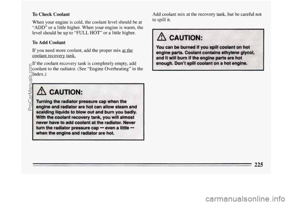 BUICK CENTURY 1994  Owners Manual To Check Coolant 
When your  engine is cold,  the  coolant  level should  be at 
“ADD” or a little  higher.  When your  engine is warm, the 
level should be  up to 
“FULL HOT’’ or a  little 