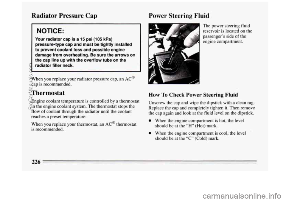 BUICK CENTURY 1994  Owners Manual Radiator  Pressure  Cap 
I NOTICE: 
Your radiator  cap  is  a 15 psi (105 kPa) 
pressure-type  cap  and  must  be  tightly  installed 
to  prevent  coolant 
loss and  possible  engine 
damage  from  o