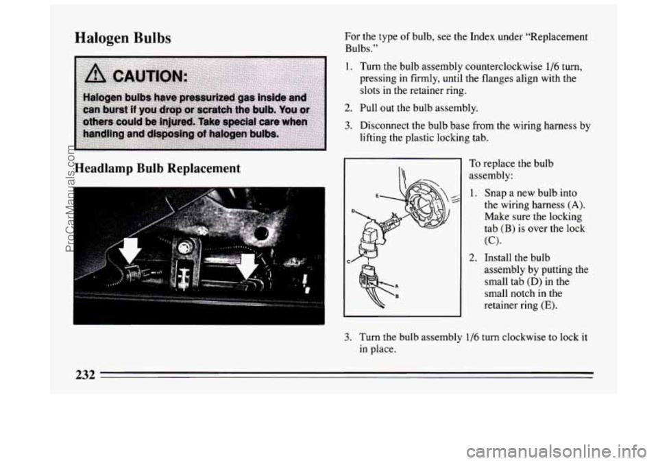 BUICK CENTURY 1994 Owners Manual Halogen Bulbs
Headlamp Bulb Replacement
For the type of bulb, see the Index under "Replacement
Bulbs."
1. Turn the bulb assembly counterclockwise 1/6 turn,
pressing in firmly, until the fla BUICK CENTURY 1994 Owners Manual Halogen Bulbs
Headlamp Bulb Replacement
For the type of bulb, see the Index under "Replacement
Bulbs."
1. Turn the bulb assembly counterclockwise 1/6 turn,
pressing in firmly, until the fla