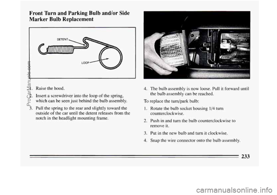 BUICK CENTURY 1994  Owners Manual Front Turn and Parking Bulb and/or Side 
Marker  Bulb Replacement 
1. Raise the  hood. 
2. Insert a  screwdriver  into the loop of the spring, 
which  can be seen  just behind the  bulb assembly. 
3. 