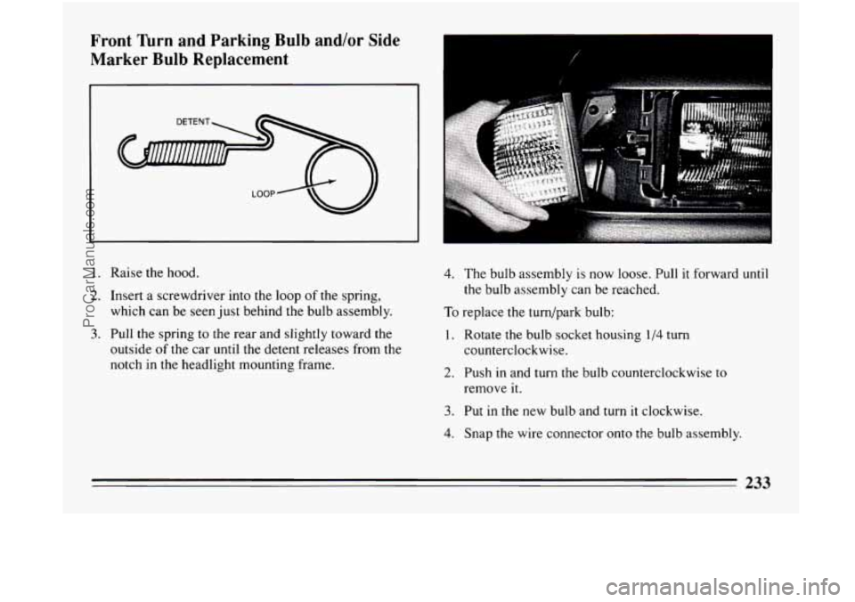 BUICK CENTURY 1994 Owners Manual Front Turn and Parking Bulb and/or Side
Marker Bulb Replacement
1. Raise the hood.
2. Insert a screwdriver into the loop of the spring,
which can be seen just behind the bulb assembly.
3. BUICK CENTURY 1994 Owners Manual Front Turn and Parking Bulb and/or Side
Marker Bulb Replacement
1. Raise the hood.
2. Insert a screwdriver into the loop of the spring,
which can be seen just behind the bulb assembly.
3.