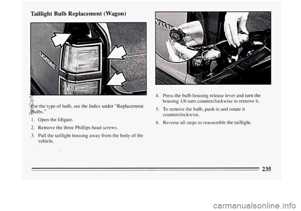 BUICK CENTURY 1994 Owners Manual Taillight Bulb Replacement (Wagon)
For the type of bulb, see the Index under “Replacement
Bulbs.”
1. Open the liftgate.
2. Remove the three Phillips head screws.
3. Pull the taillight ho BUICK CENTURY 1994 Owners Manual Taillight Bulb Replacement (Wagon)
For the type of bulb, see the Index under “Replacement
Bulbs.”
1. Open the liftgate.
2. Remove the three Phillips head screws.
3. Pull the taillight ho