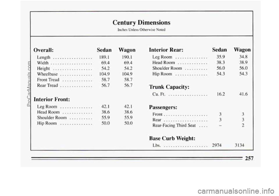 BUICK CENTURY 1994 Owners Manual Century Dimensions
Inches Unless Otherwise Noted
Overall:
Length .................
Width ..................
Height .................
Wheelbase ..............
Front Tread .............
Rear Tre BUICK CENTURY 1994 Owners Manual Century Dimensions
Inches Unless Otherwise Noted
Overall:
Length .................
Width ..................
Height .................
Wheelbase ..............
Front Tread .............
Rear Tre