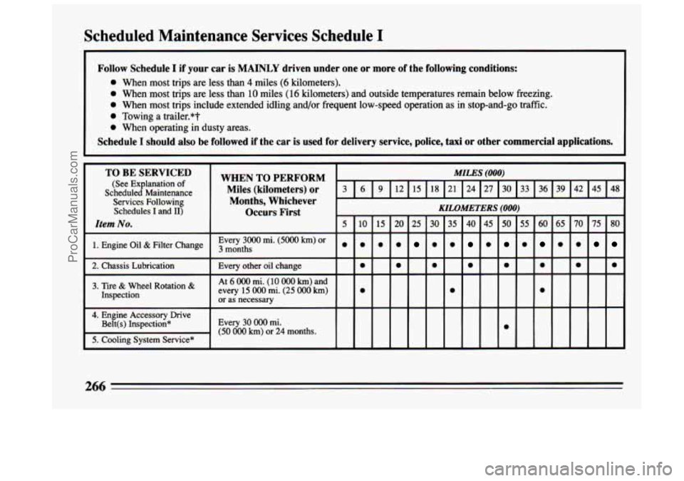 BUICK CENTURY 1994 Owners Manual Scheduled Maintenance Services Schedule I
~
Follow Schedule I if your car is MAINLY driven under one or more of the following conditions:
0 When most trips are less than 4 miles (6 ki BUICK CENTURY 1994 Owners Manual Scheduled Maintenance Services Schedule I
~
Follow Schedule I if your car is MAINLY driven under one or more of the following conditions:
0 When most trips are less than 4 miles (6 ki