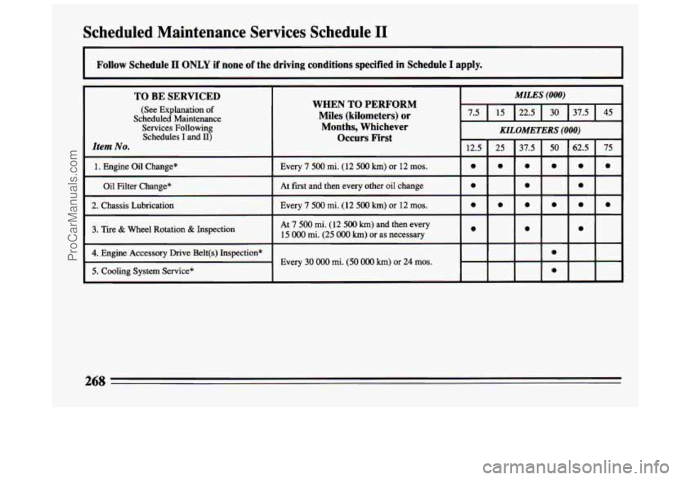 BUICK CENTURY 1994 Owners Manual Scheduled Maintenance Services Schedule I1
I Follow Schedule I1 ONLY if none of the driving conditions specified in Schedule I apply.
TO BE SERVICED
(See Explanation of
Scheduled Maintenance BUICK CENTURY 1994 Owners Manual Scheduled Maintenance Services Schedule I1
I Follow Schedule I1 ONLY if none of the driving conditions specified in Schedule I apply.
TO BE SERVICED
(See Explanation of
Scheduled Maintenance