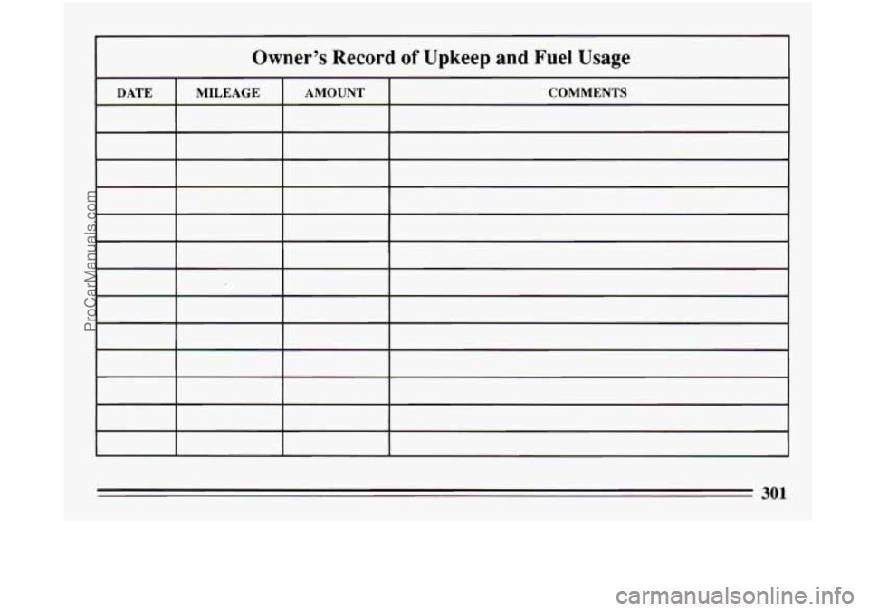 BUICK CENTURY 1994 Owners Manual Owner’s Record of Upkeep and Fuel Usage
. ~- 301
ProCarManuals.com BUICK CENTURY 1994 Owners Manual Owner’s Record of Upkeep and Fuel Usage
. ~- 301
ProCarManuals.com