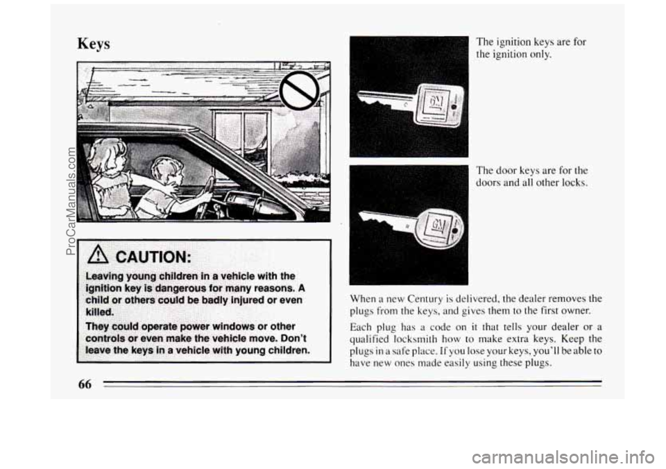 BUICK CENTURY 1994 Repair Manual Keys The ignition keys  are for 
the ignition  only. 
r{.; &L..  - F% .,.,. I ,, , 
The door  keys are for the 
doors  and 
all other locks. 
When  a new  Century 
is delivered,  the dealer removes  