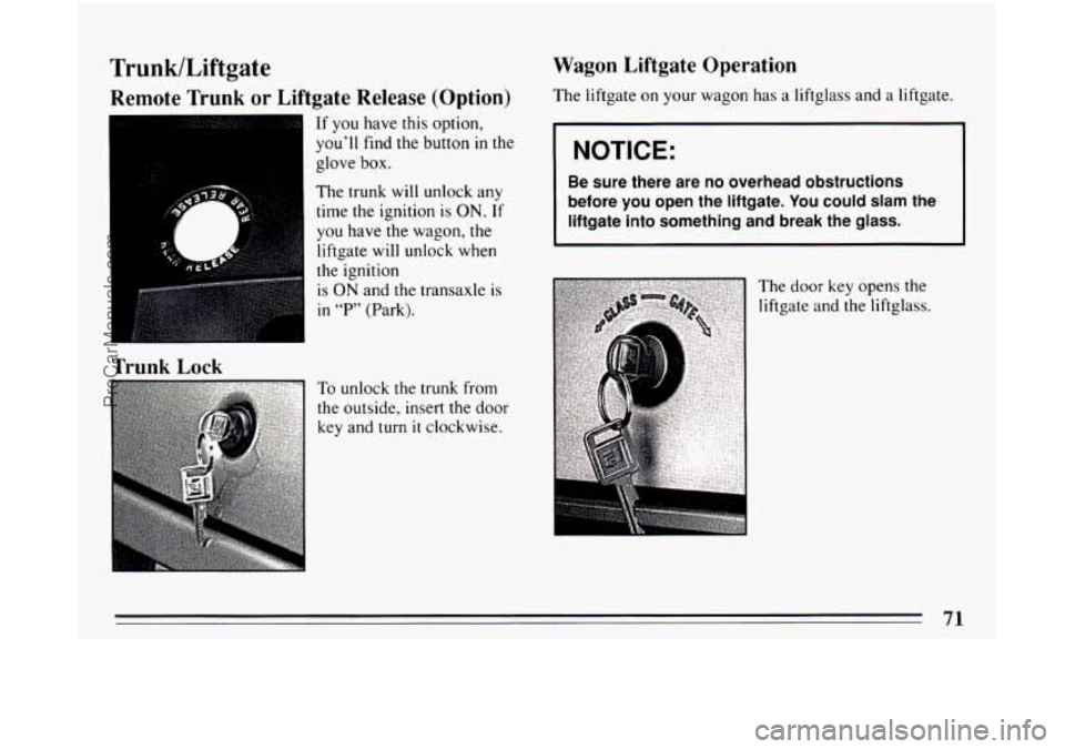 BUICK CENTURY 1994 Manual PDF Trunk/Liftgate
Remote Trunk or Liftgate Release (Option)
If you have this option,
you’ll find the button
in the
glove
box.
The trunk will unlock any
time the ignition is
ON. If
you h BUICK CENTURY 1994 Manual PDF Trunk/Liftgate
Remote Trunk or Liftgate Release (Option)
If you have this option,
you’ll find the button
in the
glove
box.
The trunk will unlock any
time the ignition is
ON. If
you h