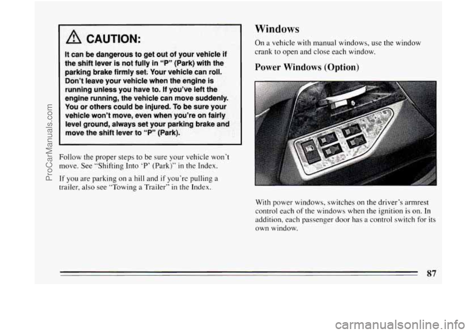BUICK CENTURY 1994 Manual Online Follow the proper steps to be sure your vehicle won’t
move. See “Shifting Into
‘P’ (Park)” in the Index.
If you are parking on a hill and if you’re pulling a
trailer,
also see BUICK CENTURY 1994 Manual Online Follow the proper steps to be sure your vehicle won’t
move. See “Shifting Into
‘P’ (Park)” in the Index.
If you are parking on a hill and if you’re pulling a
trailer,
also see