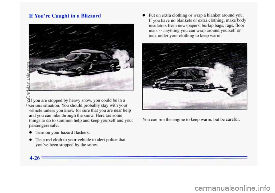 BUICK CENTURY 1996 Owners Manual If Youre Caught in a Blizzaru
If you are stopped by heavy snow, you could be in a
serious situation.
You should probably stay with your
vehicle unless you know for sure that you are nea BUICK CENTURY 1996 Owners Manual If Youre Caught in a Blizzaru
If you are stopped by heavy snow, you could be in a
serious situation.
You should probably stay with your
vehicle unless you know for sure that you are nea