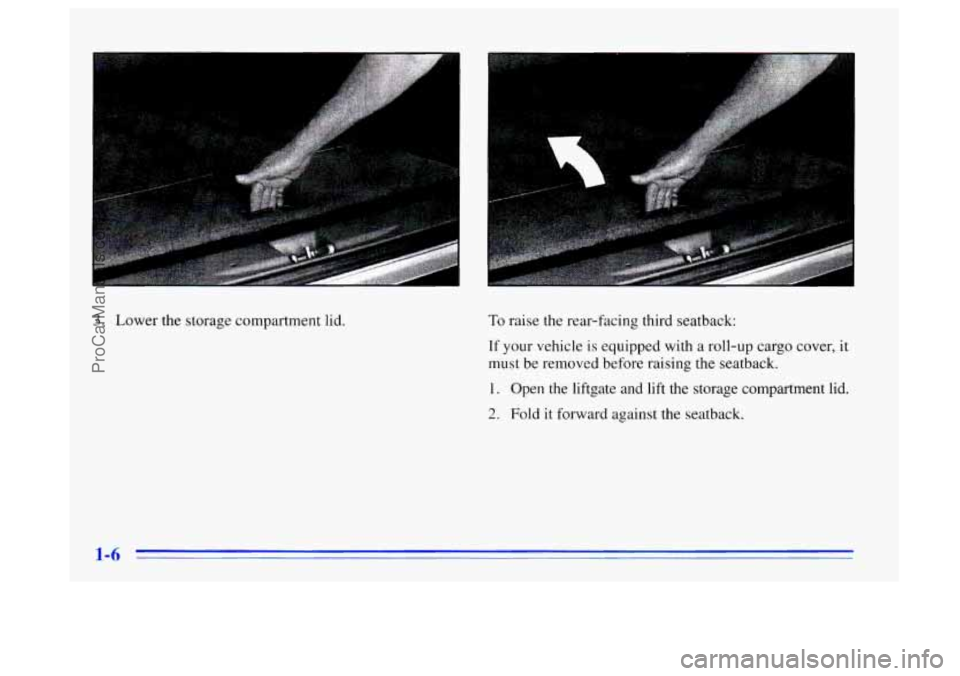BUICK CENTURY 1996 User Guide 3. Lower the storage compartment lid. To raise the rear-facing third seatback:
If your vehicle is equipped with a roll-up cargo cover, it
must be removed before raising the seatback.
1. Open BUICK CENTURY 1996 User Guide 3. Lower the storage compartment lid. To raise the rear-facing third seatback:
If your vehicle is equipped with a roll-up cargo cover, it
must be removed before raising the seatback.
1. Open