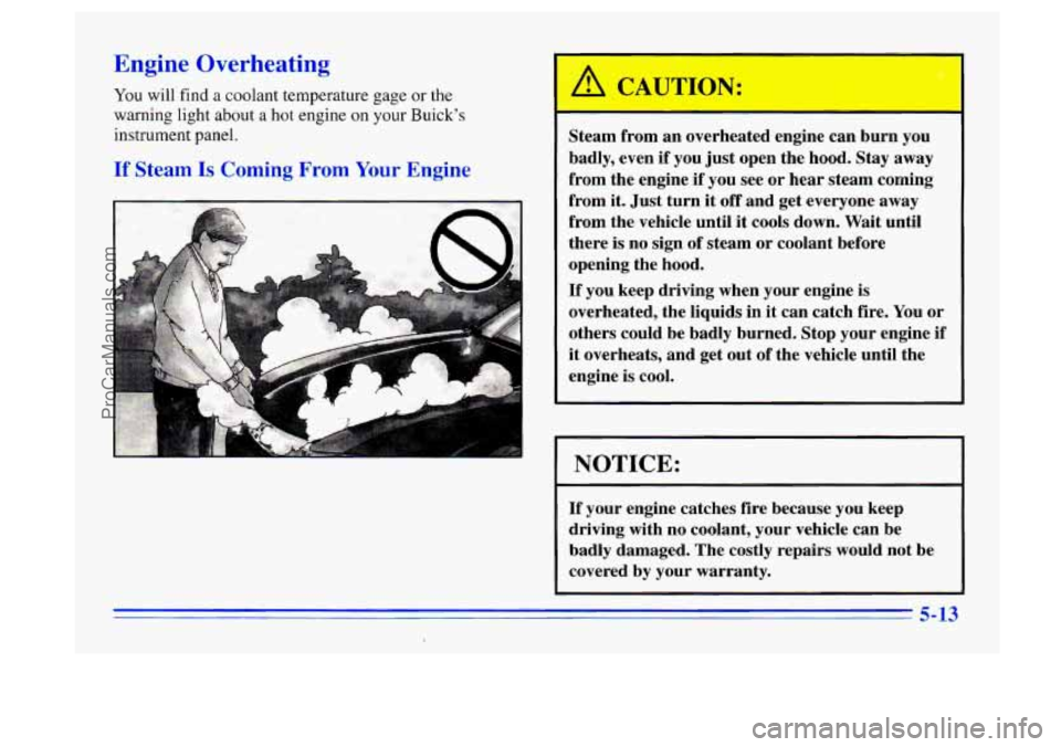 BUICK CENTURY 1996  Owners Manual Engine Overheating 
You will find a coolant  temperature  gage or  the 
warning light  about  a hot engine  on 
your Buick’s 
instrument  panel. 
If St1 .-m Is 1 - - ng Fro Your Engine 
Steam from  