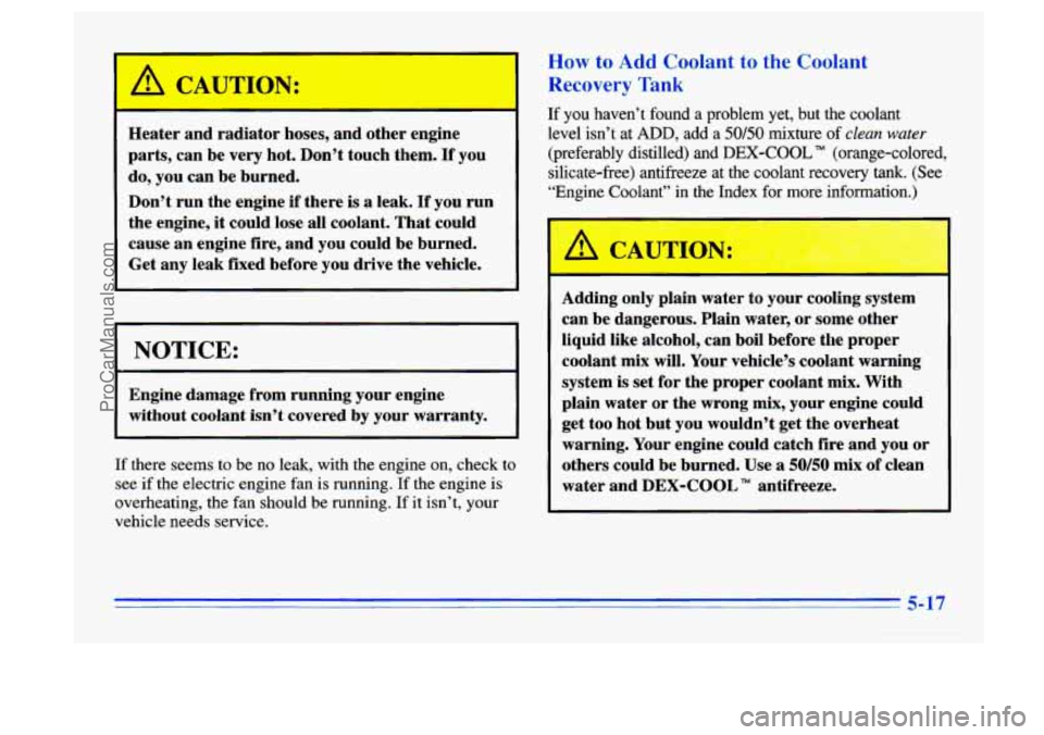 BUICK CENTURY 1996 Owners Manual A C U-ION:
Heater and radiator hoses, and other engine
parts, can be very hot. Don’t touch them.
If you
do, you can be burned.
Don’t run the engine if there
is a leak. If you run BUICK CENTURY 1996 Owners Manual A C U-ION:
Heater and radiator hoses, and other engine
parts, can be very hot. Don’t touch them.
If you
do, you can be burned.
Don’t run the engine if there
is a leak. If you run