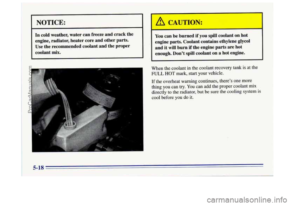 BUICK CENTURY 1996  Owners Manual I I 
NOTICE: 
In cold  weather,  water can freeze and crack the 
engine,  radiator,  heater core and other 
parts. 
Use the recommended  coolant and the proper 
coolant 
mix. 
.  .. . 
i. 
You  can be