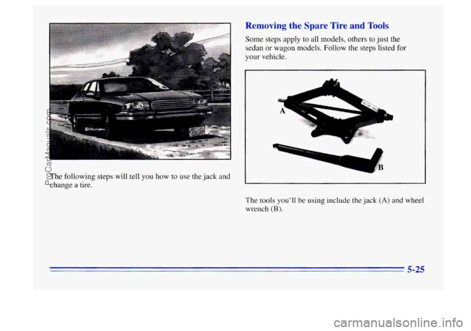 BUICK CENTURY 1996  Owners Manual The  following steps will tell you  how to use the jack  and 
change  a  tire. 
Removing  the  Spare  Tire  and Tools 
Some steps apply to all models,  others to just the 
sedan  or wagon models. Foll