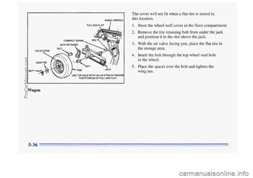 BUICK CENTURY 1996  Owners Manual NUT 
WHEEL WREN0 
FULL SIZE FLAT / 
COMPACT SPARE, 
JACK RETAINER m  \\!J JJ In- 
JACK 
USE TOP HOLE  WITH  VALVE STEM OUTBOARI: 
FOR  STORAGE OF FULL-SIZE  FLAT 
Wagon 
The cover  will  not  fit when