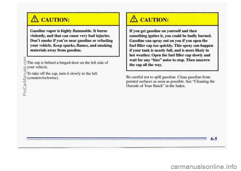 BUICK CENTURY 1996 Owners Manual - -
Gasoline vapor is highly flammable. It burns
violently, and that can cause very bad injuries.
Don’t smoke
if you’re near gasoline or refueling
your vehicle. Keep sparks, flam BUICK CENTURY 1996 Owners Manual - -
Gasoline vapor is highly flammable. It burns
violently, and that can cause very bad injuries.
Don’t smoke
if you’re near gasoline or refueling
your vehicle. Keep sparks, flam