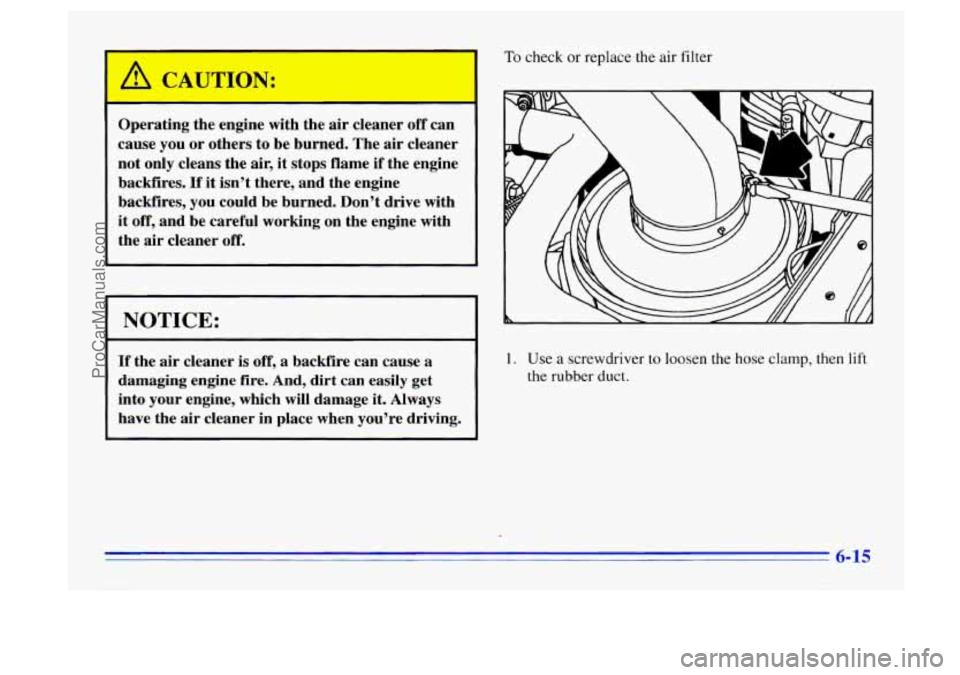 BUICK CENTURY 1996 Owners Manual A CAUTION:
I
Operating the engine with the air cleaner off can
cause you or others to be burned. The
air cleaner
not only cleans the
air, it stops flame if the engine
backfires.
If it BUICK CENTURY 1996 Owners Manual A CAUTION:
I
Operating the engine with the air cleaner off can
cause you or others to be burned. The
air cleaner
not only cleans the
air, it stops flame if the engine
backfires.
If it