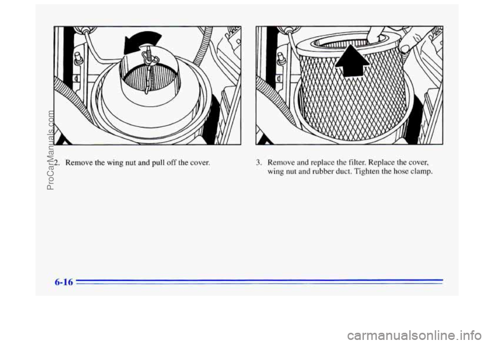 BUICK CENTURY 1996 Owners Manual b..
2. Remove the wing nut and pull off the cover. 3. Remove and replace the filter. Replace the cover,
wing
nut and rubber duct. Tighten the hose clamp.
ProCarManuals.com BUICK CENTURY 1996 Owners Manual b..
2. Remove the wing nut and pull off the cover. 3. Remove and replace the filter. Replace the cover,
wing
nut and rubber duct. Tighten the hose clamp.
ProCarManuals.com