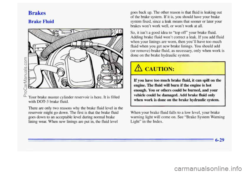 BUICK CENTURY 1996 Owners Manual Brakes
Bra
Your brake master cylinder reservoir is here. It is filled
with
DOT-3 brake fluid.
There are
only two reasons why the brake fluid level in the
reservoir might go down. BUICK CENTURY 1996 Owners Manual Brakes
Bra
Your brake master cylinder reservoir is here. It is filled
with
DOT-3 brake fluid.
There are
only two reasons why the brake fluid level in the
reservoir might go down.