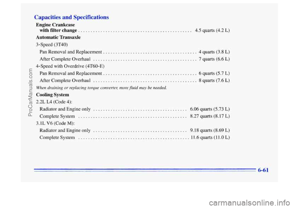 BUICK CENTURY 1996  Owners Manual Capacities and Specifications 
Engine  Crankcase with  filter  change 
.............................................. 4.5  quarts  (4.2 L) 
Automatic  Transaxle 
3-Speed  (3T40) 
Pan  Removal  and Rep
