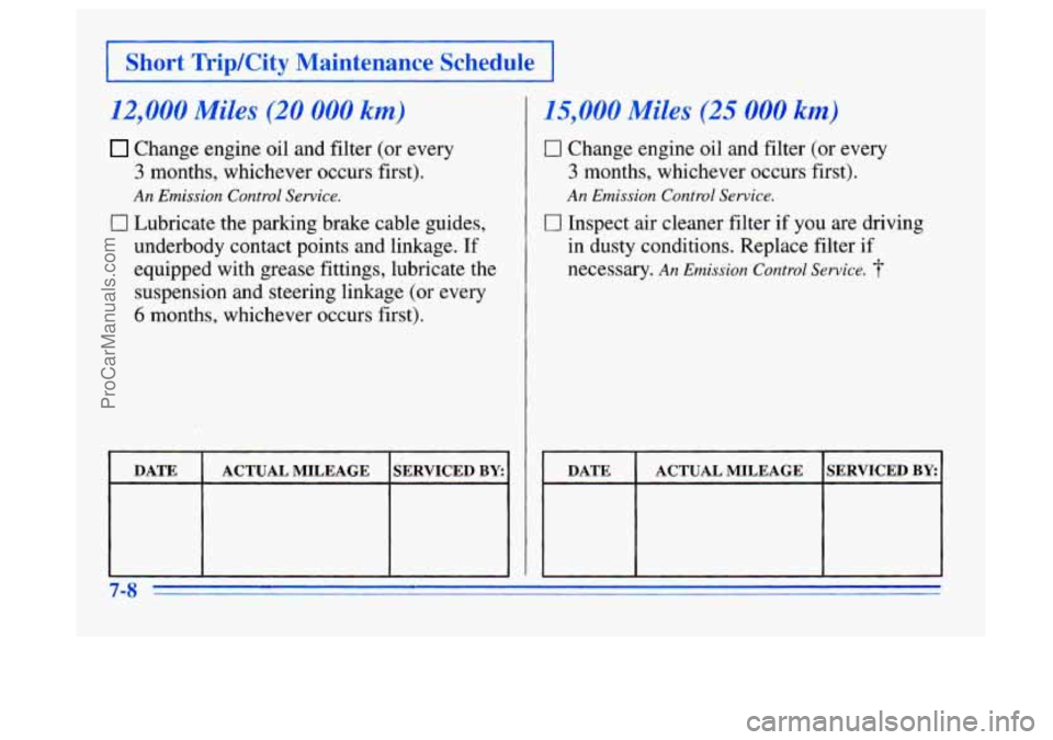 BUICK CENTURY 1996 Owners Manual I Short Trip/City Maintenance Schedule I
12,000 Miles (20 000 km)
Change engine oil and filter (or every
3 months, whichever occurs first).
An Emission Control Service.
0 Lubricate the parkin BUICK CENTURY 1996 Owners Manual I Short Trip/City Maintenance Schedule I
12,000 Miles (20 000 km)
Change engine oil and filter (or every
3 months, whichever occurs first).
An Emission Control Service.
0 Lubricate the parkin