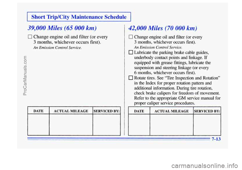 BUICK CENTURY 1996 Owners Manual I Short TripKity Maintenance Schedule 1
39,000 Miles (65 000 km)
0 Change engine oil and filter (or every
3 months, whichever occurs first).
An Emission Control Service,
I DATE ACTUAL MILEA BUICK CENTURY 1996 Owners Manual I Short TripKity Maintenance Schedule 1
39,000 Miles (65 000 km)
0 Change engine oil and filter (or every
3 months, whichever occurs first).
An Emission Control Service,
I DATE ACTUAL MILEA