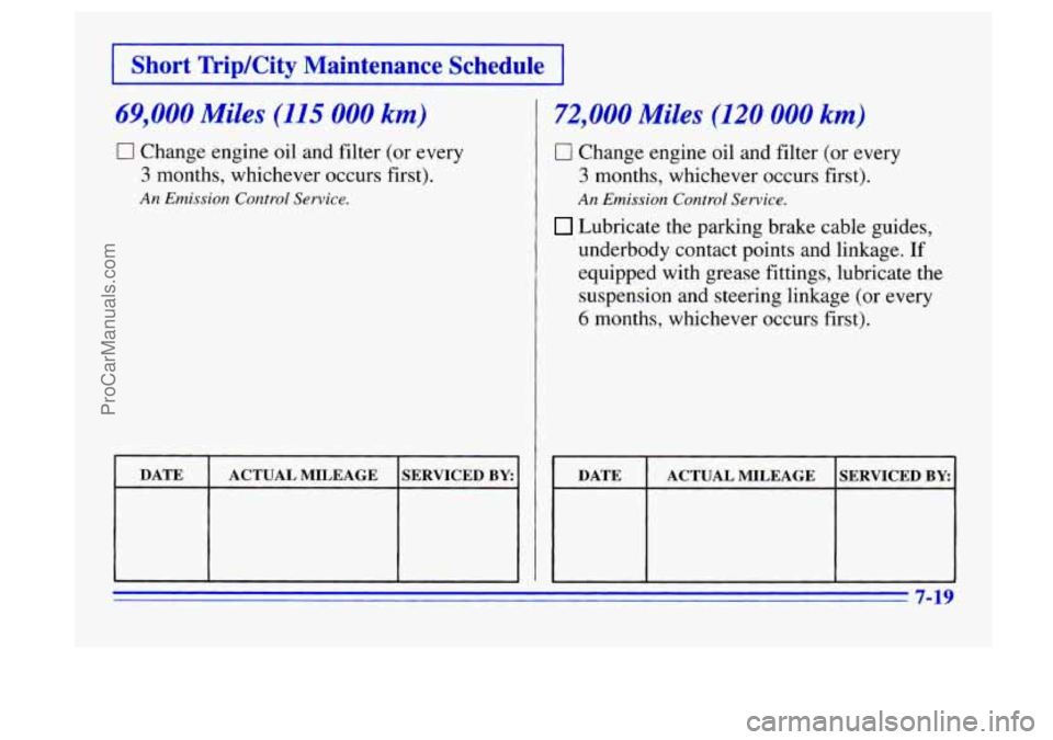 BUICK CENTURY 1996 Owners Manual I Short TripKity Maintenance Schedule I
69,000 Miles (115 000 km)
0 Change engine oil and filter (or every
3 months, whichever occurs first).
An Emission Control Service.
DATE ACTUAL MILEAG BUICK CENTURY 1996 Owners Manual I Short TripKity Maintenance Schedule I
69,000 Miles (115 000 km)
0 Change engine oil and filter (or every
3 months, whichever occurs first).
An Emission Control Service.
DATE ACTUAL MILEAG