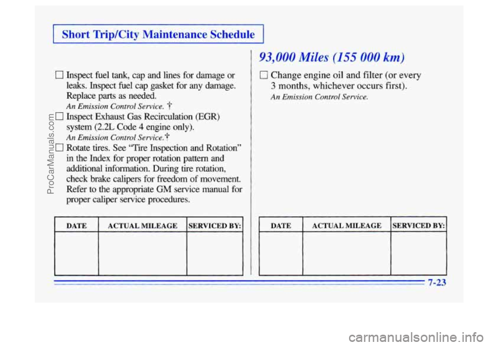 BUICK CENTURY 1996  Owners Manual I Short TripKity  Maintenance  Schedule I 
[7 Inspect  fuel  tank,  cap  and  lines  for  damage  or 
leaks.  Inspect  fuel  cap  gasket  for  any  damage. 
Replace  parts 
as needed. 
An Emission Con
