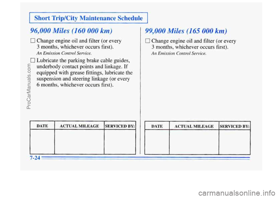 BUICK CENTURY 1996 Owners Manual I Short Trip/City Maintenance Schedule I
96,000 Miles (160 000 km)
0 Change engine oil and filter (or every
3 months, whichever occurs first).
An Emission Control Service.
0 Lubricate the parkin BUICK CENTURY 1996 Owners Manual I Short Trip/City Maintenance Schedule I
96,000 Miles (160 000 km)
0 Change engine oil and filter (or every
3 months, whichever occurs first).
An Emission Control Service.
0 Lubricate the parkin