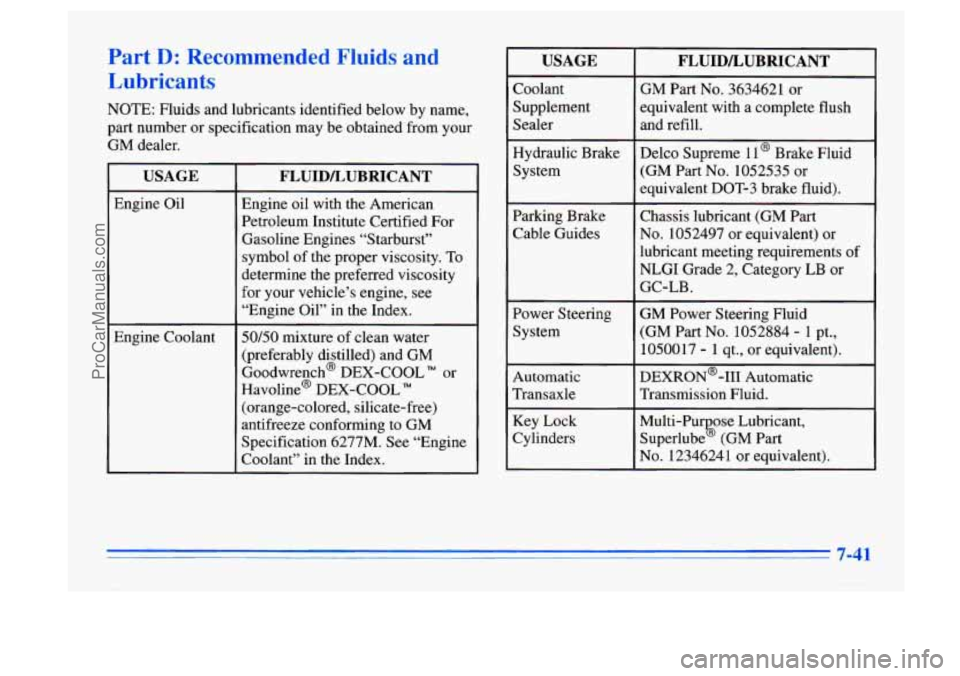 BUICK CENTURY 1996 Owners Manual Part D: Recommended Fluids and
Lubricants
NOTE: Fluids and lubricants identified below by name,
part number or specification may be obtained from your
GM dealer.
USAGE
Engine Oil
En BUICK CENTURY 1996 Owners Manual Part D: Recommended Fluids and
Lubricants
NOTE: Fluids and lubricants identified below by name,
part number or specification may be obtained from your
GM dealer.
USAGE
Engine Oil
En