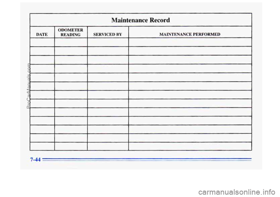 BUICK CENTURY 1996  Owners Manual Maintenance  Record 
ODOMETER 
DATE READING  SERVICED BY MAINTENANCE PERFORMED 
ProCarManuals.com 