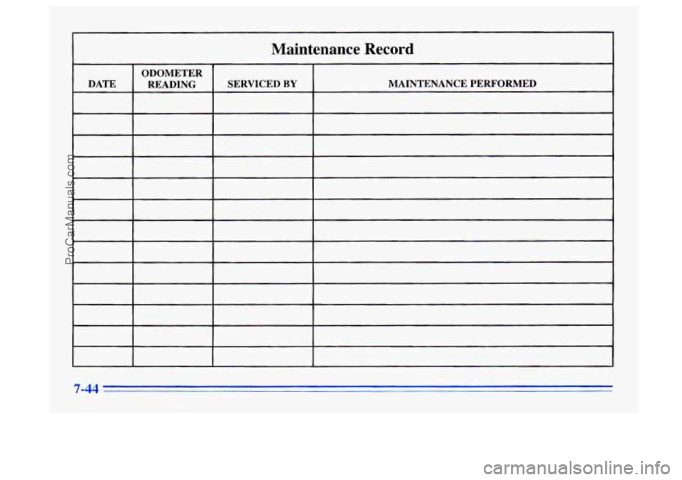 BUICK CENTURY 1996 Owners Manual Maintenance Record
ODOMETER
DATE READING SERVICED BY MAINTENANCE PERFORMED
ProCarManuals.com BUICK CENTURY 1996 Owners Manual Maintenance Record
ODOMETER
DATE READING SERVICED BY MAINTENANCE PERFORMED
ProCarManuals.com