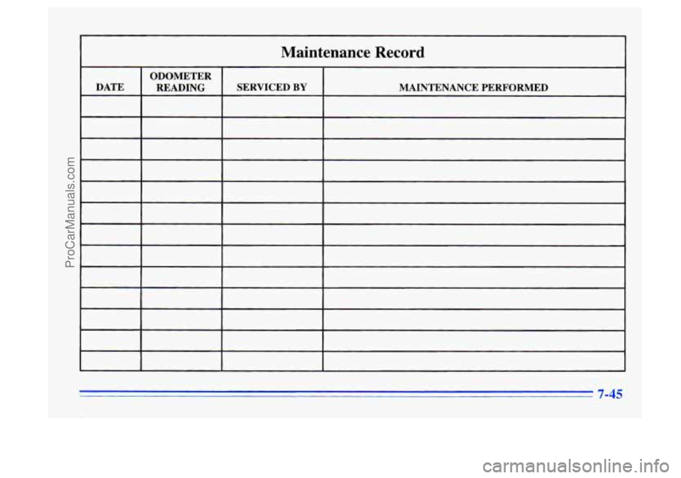 BUICK CENTURY 1996  Owners Manual Maintenance  Record 
ODOMETER 
I DATE I READING I SERVICED  BY I MAINTENANCE  PERFORMED 
ODOMETER 
DATE  READING  SERVICED  BY  MAINTENANCE  PERFORMED 
ProCarManuals.com 