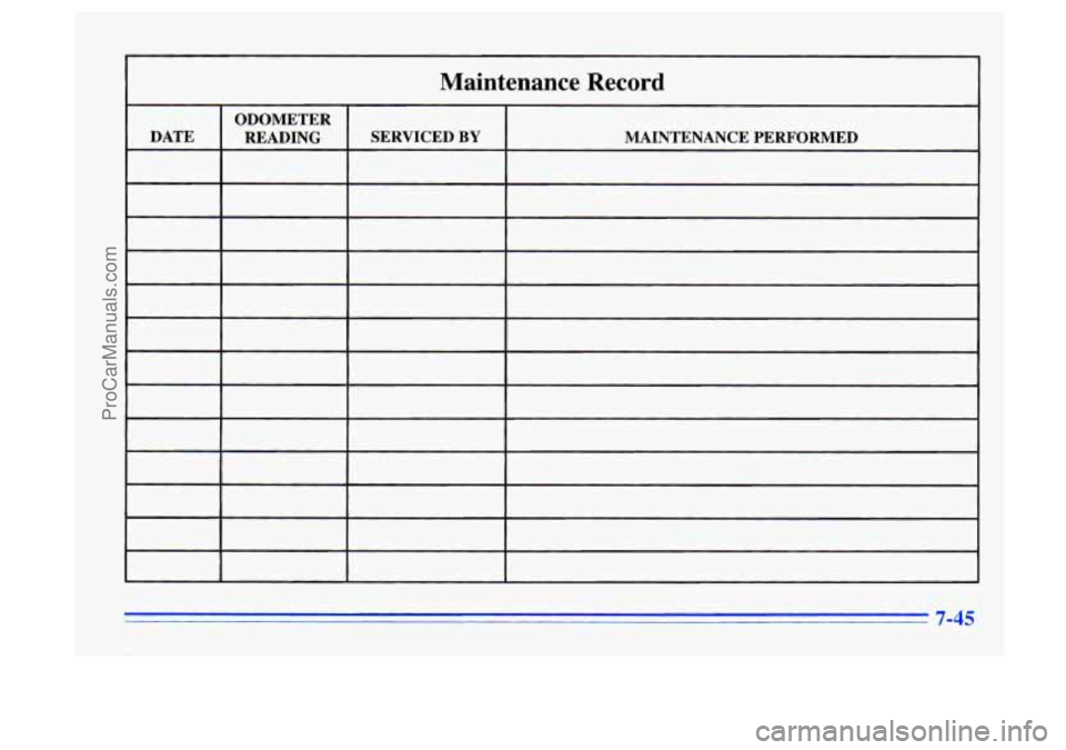 BUICK CENTURY 1996 Owners Manual Maintenance Record
ODOMETER
I DATE I READING I SERVICED BY I MAINTENANCE PERFORMED
ODOMETER
DATE READING SERVICED BY MAINTENANCE PERFORMED
ProCarManuals.com BUICK CENTURY 1996 Owners Manual Maintenance Record
ODOMETER
I DATE I READING I SERVICED BY I MAINTENANCE PERFORMED
ODOMETER
DATE READING SERVICED BY MAINTENANCE PERFORMED
ProCarManuals.com