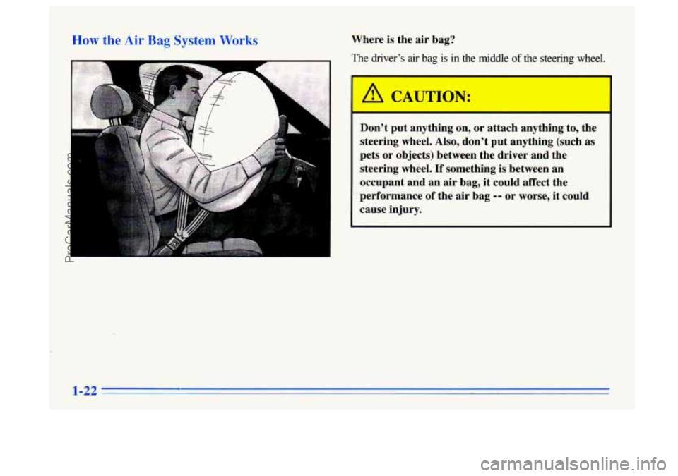 BUICK CENTURY 1996 Owners Guide Ha th Air Bag bystc 1 Works Where is the air bag?
The driver’s air bag is in the middle of the steering wheel.
~
~~ ~~ ~ ~ ~~
I,CAUTION:
Don’t put anything on, or attach anything BUICK CENTURY 1996 Owners Guide Ha th Air Bag bystc 1 Works Where is the air bag?
The driver’s air bag is in the middle of the steering wheel.
~
~~ ~~ ~ ~ ~~
I,CAUTION:
Don’t put anything on, or attach anything