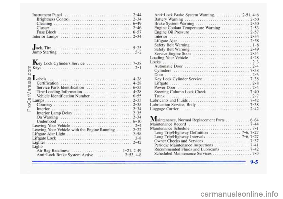 BUICK CENTURY 1996  Owners Manual Instrument Panel ............................... 2-44 
Brightness  Control 
............................ 2-34 
Cleaning 
.................................... 6-49 
Cluster 
...........................